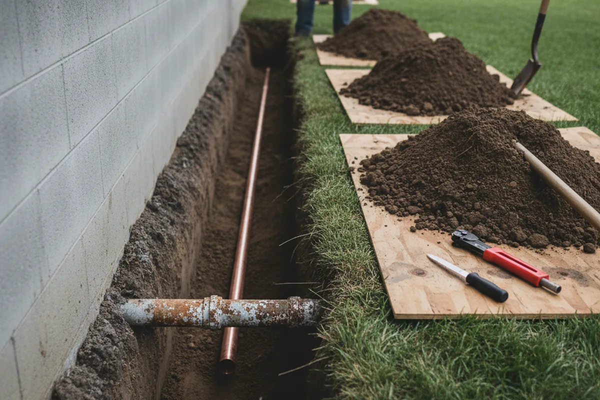 Excavated water line trench during Sewer Line Repair in Wheelwright